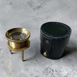 Vintage Brass Nautical Map Reading Tripod Magnifying Glass w/Black Leather Case